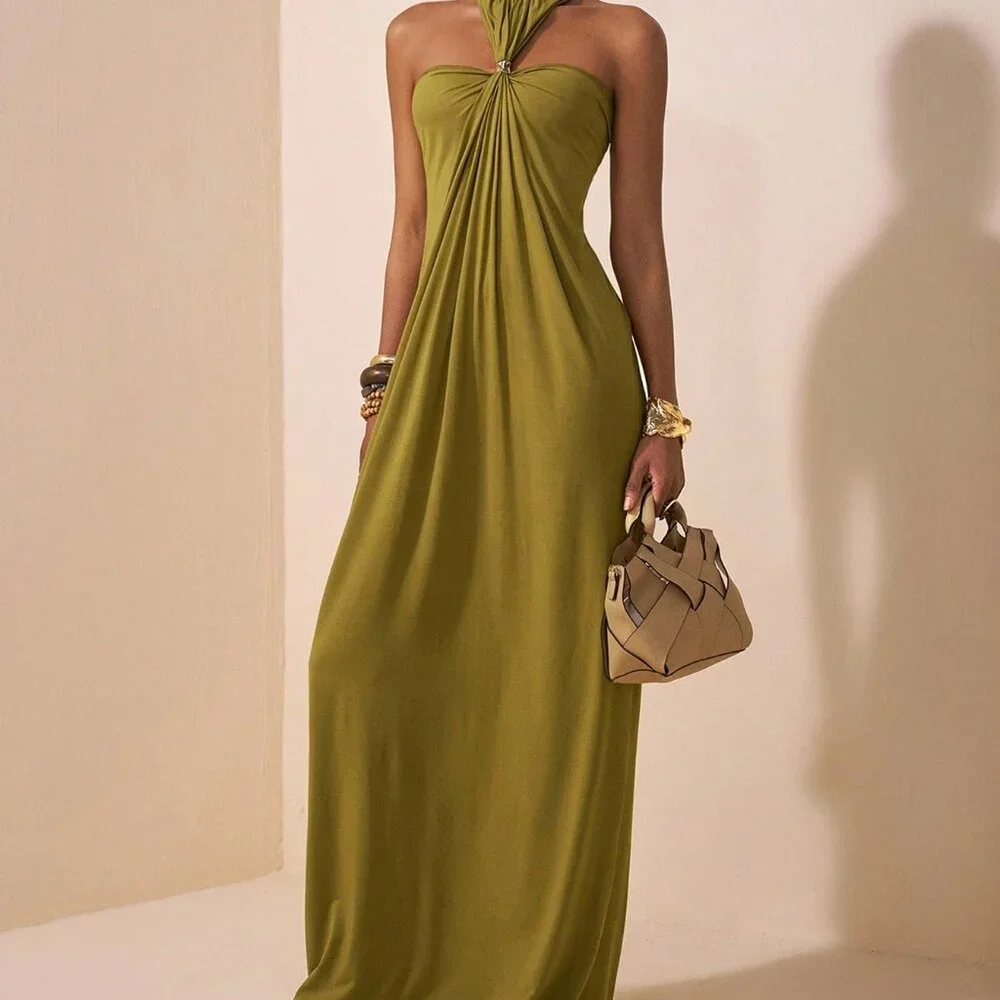Army Green Casual Maxi Backless Evening Dress - Picture 4 of 8